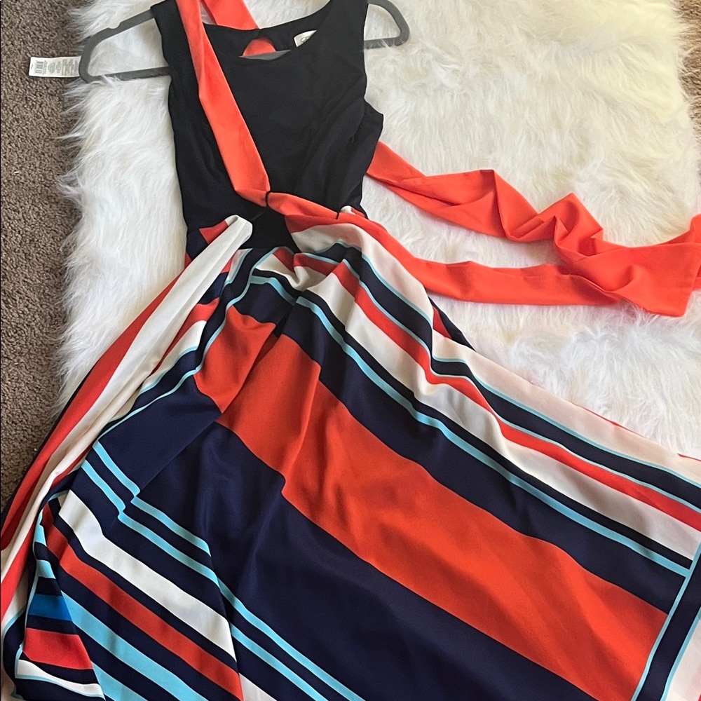 Eliza J Asymmetrical Black and Orange Striped Dress